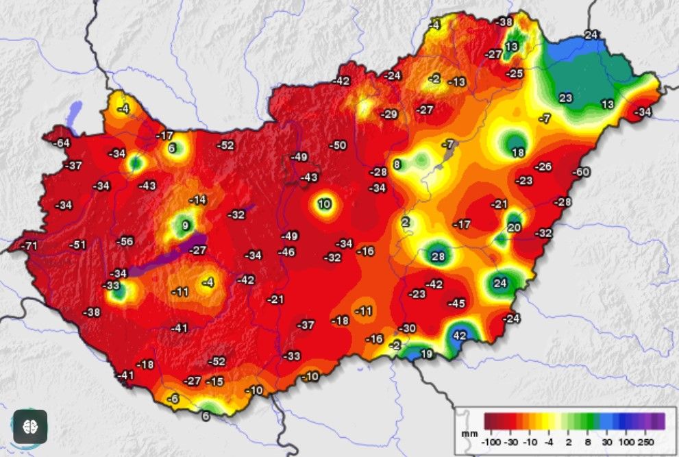 30 napos csapadékösszeg eltérése a sokéves átlagtól