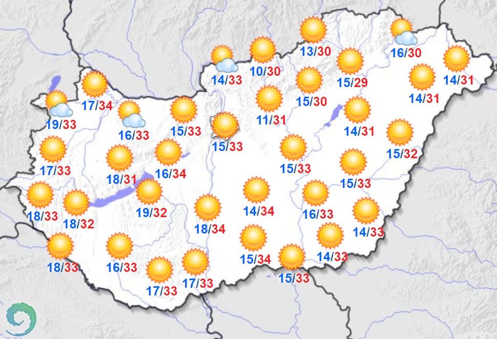 maximum hőmérsékletek július 27-én Magyarországon