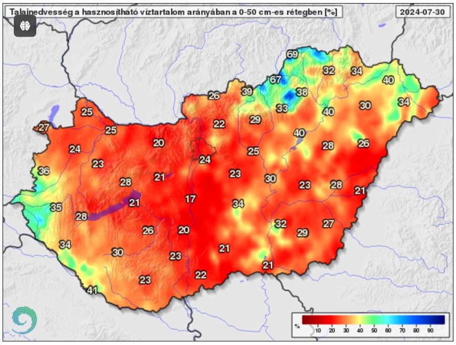 Talajnedvesség a talaj felső fél méteres rétegében a növények számára hasznosítható vízmennyiség arányában 2024. július 30-án
