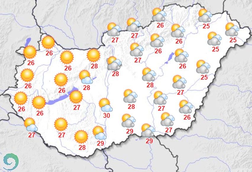 Maximumhőmérsékletek [°C] augusztus 6-án Magyarországon