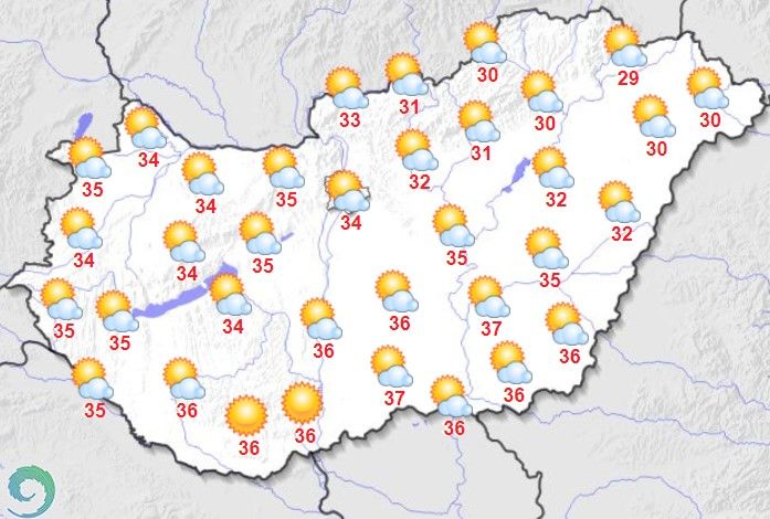 Maximumhőmérséklet [°C] augusztus 12-én Magyarországon