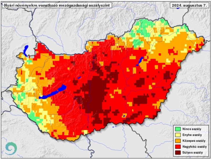 Nyári növényekre vonatkozó mezőgazdasági aszályszint 2024. augusztus 7-én