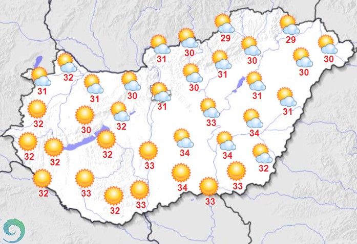 Maximum hőmérsékletek augusztus 23-án Magyarországon