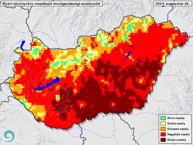 Nyári növényekre vonatkozó mezőgazdasági aszályszint augusztus 26-án Magyarországon