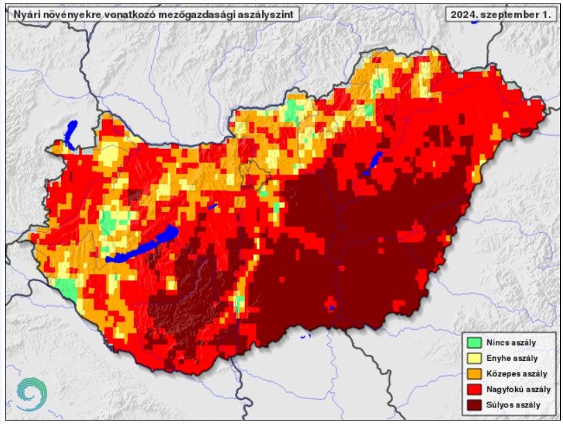 Nyári növényekre vonatkozó mezőgazdasági aszályszint szeptember 1-jén Magyarországon