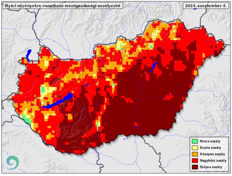 Nyári növényekre vonatkozó mezőgazdasági aszályszint szeptember 4-én Magyarországon