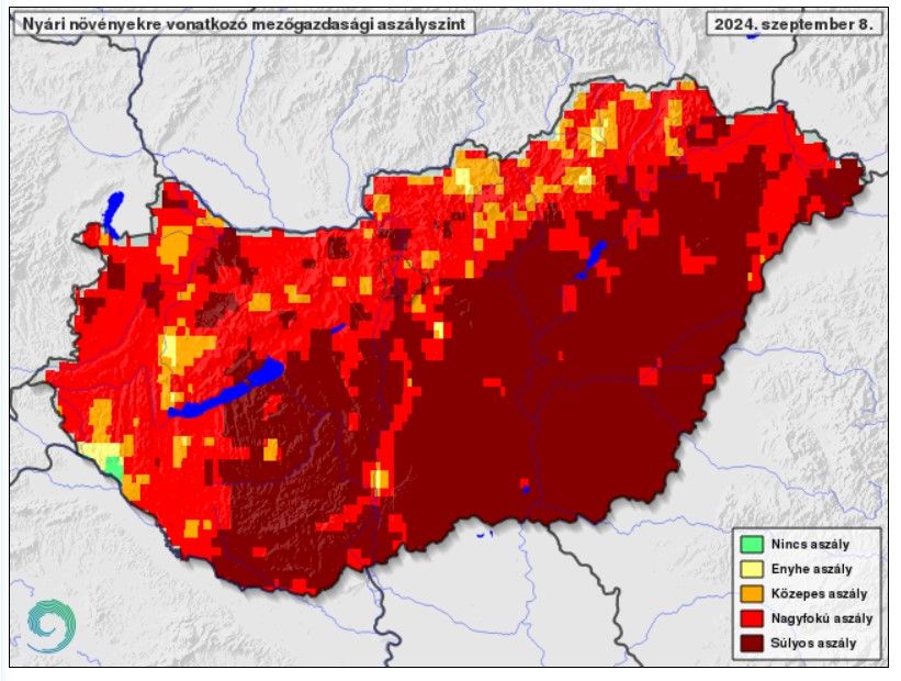 Nyári növényekre jellemző mezőgazdasági aszályszint szeptember 8-án Magyarországon