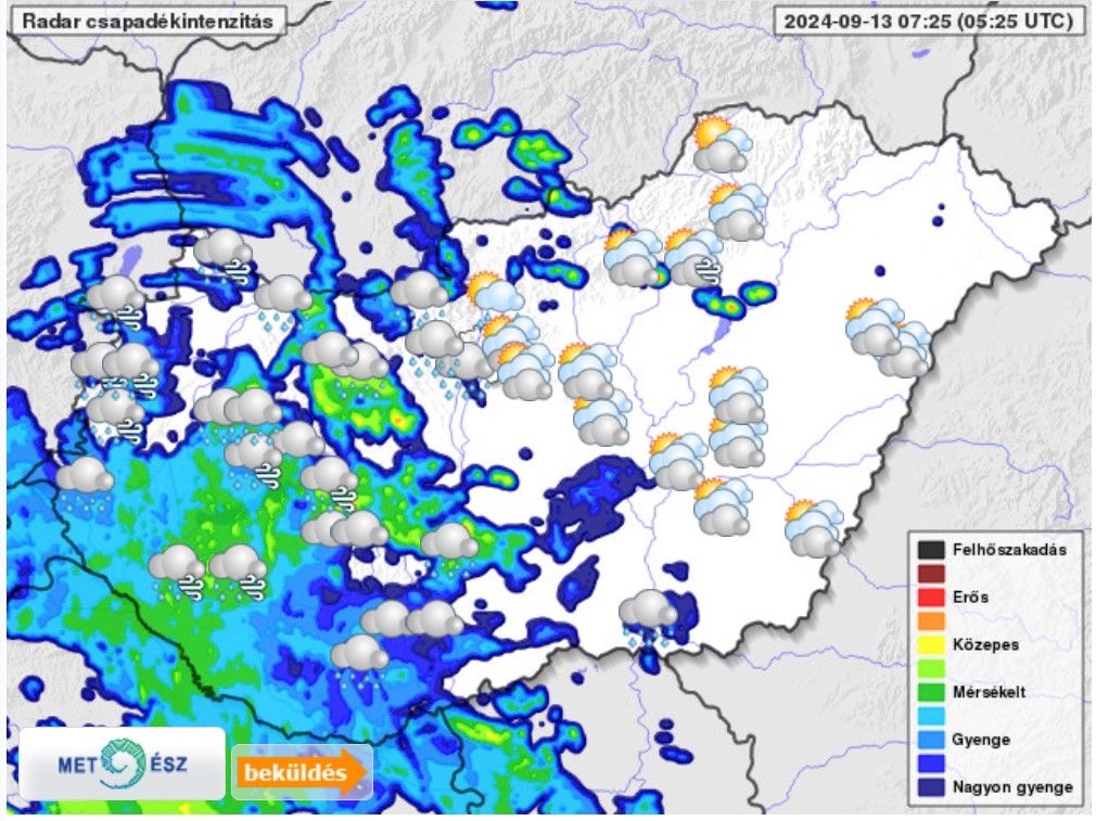 Csapadékintenzitás radarképe szeptemebr 13-án Magyarországon