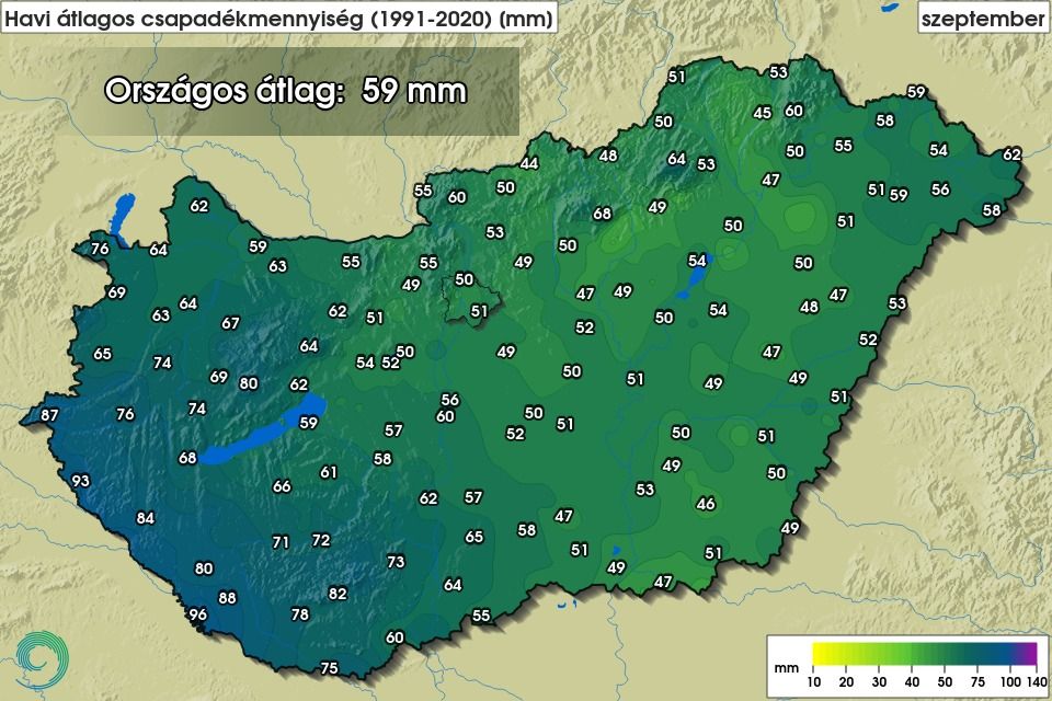 Havi átlagos csapadékmennyiség szeptemberben Magyarországon