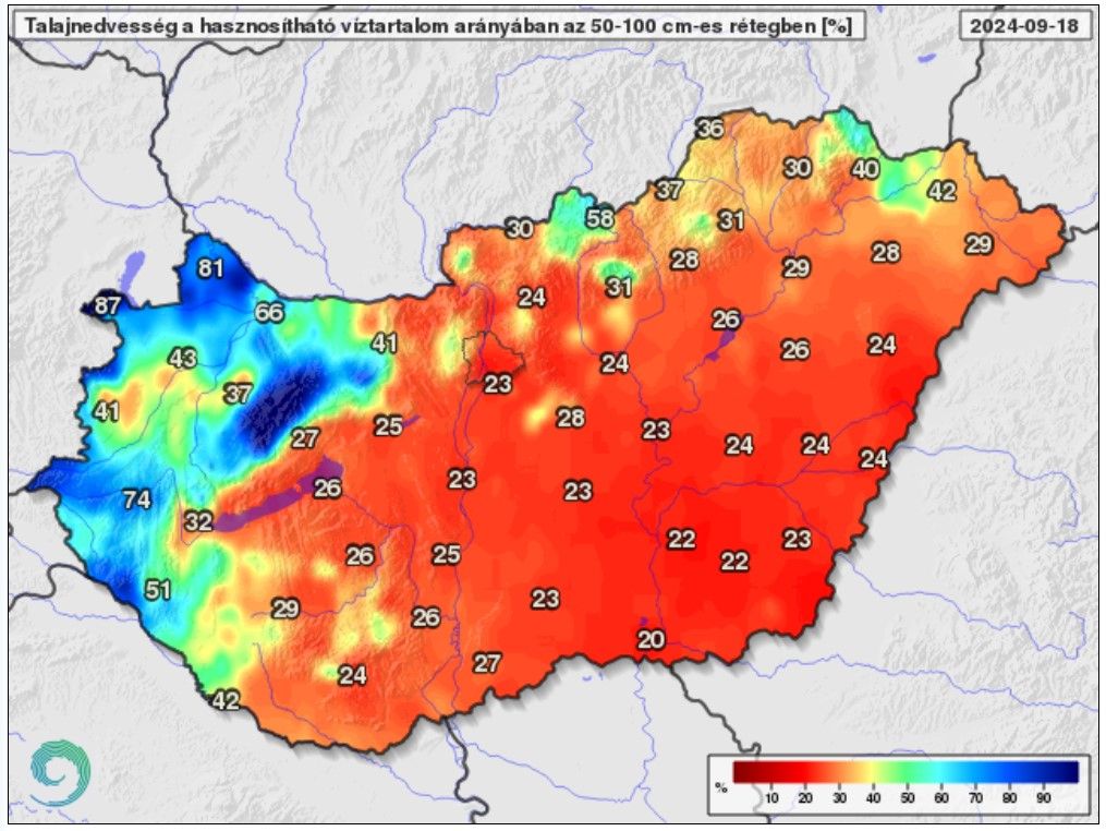 Talajnedvesség a talaj felső 50 cm-es rétegében a növények számára hasznosítható vízmennyiség arányában