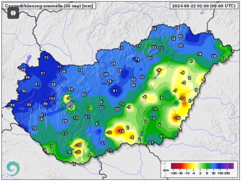Az elmúlt 30 nap csapadékösszegének eltérése a sokéves átlagtól 2024. szeptember 22-ig (mm)