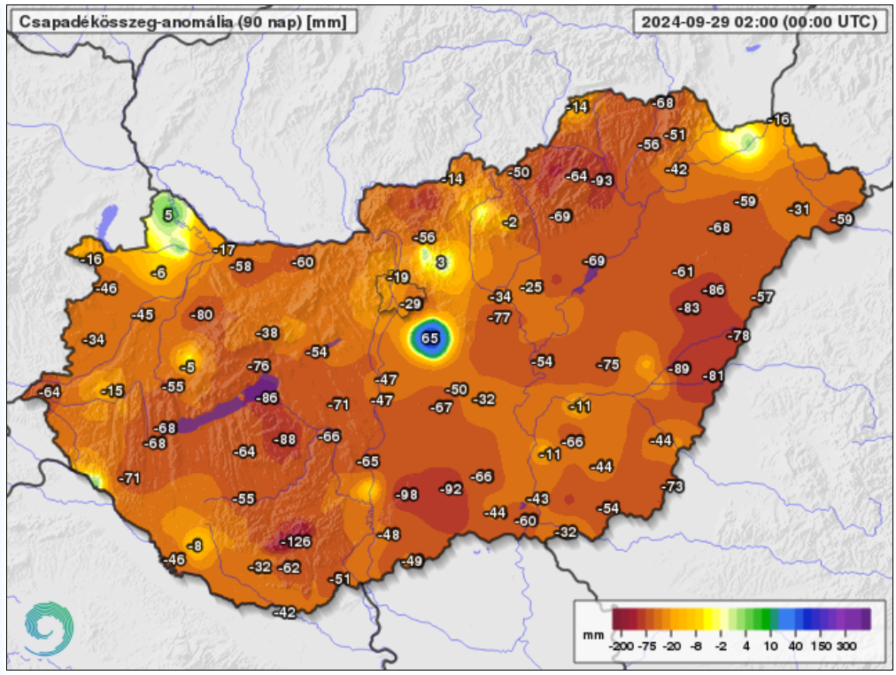 Csapadékösszeg-anomália szeptember 29-én Magyarországon