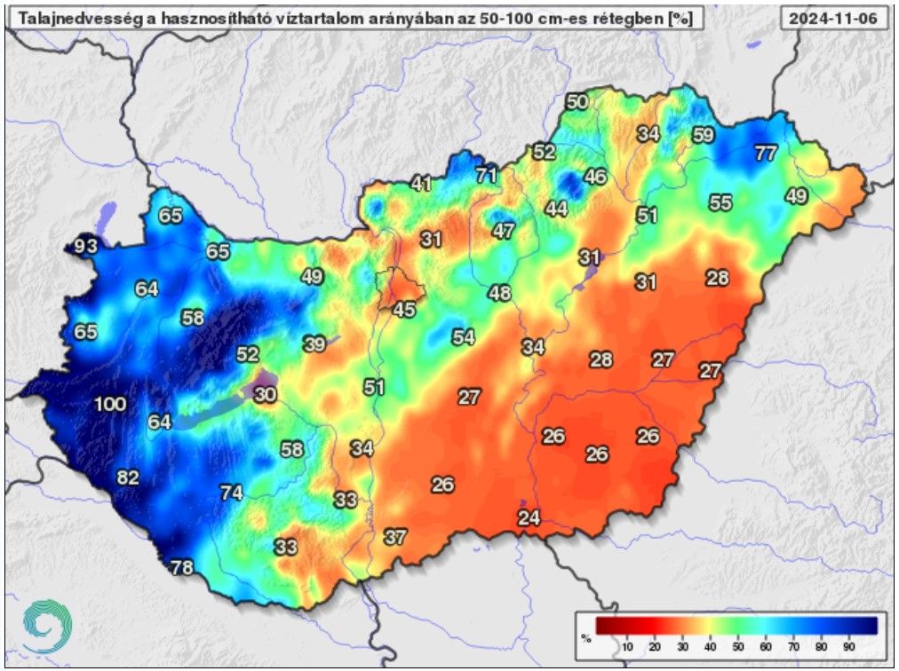 Talajnedvesség a talaj 50-100 centiméteres rétegében a növények számára hasznosítható vízmennyiség arányában 2024. november 6-án (%)