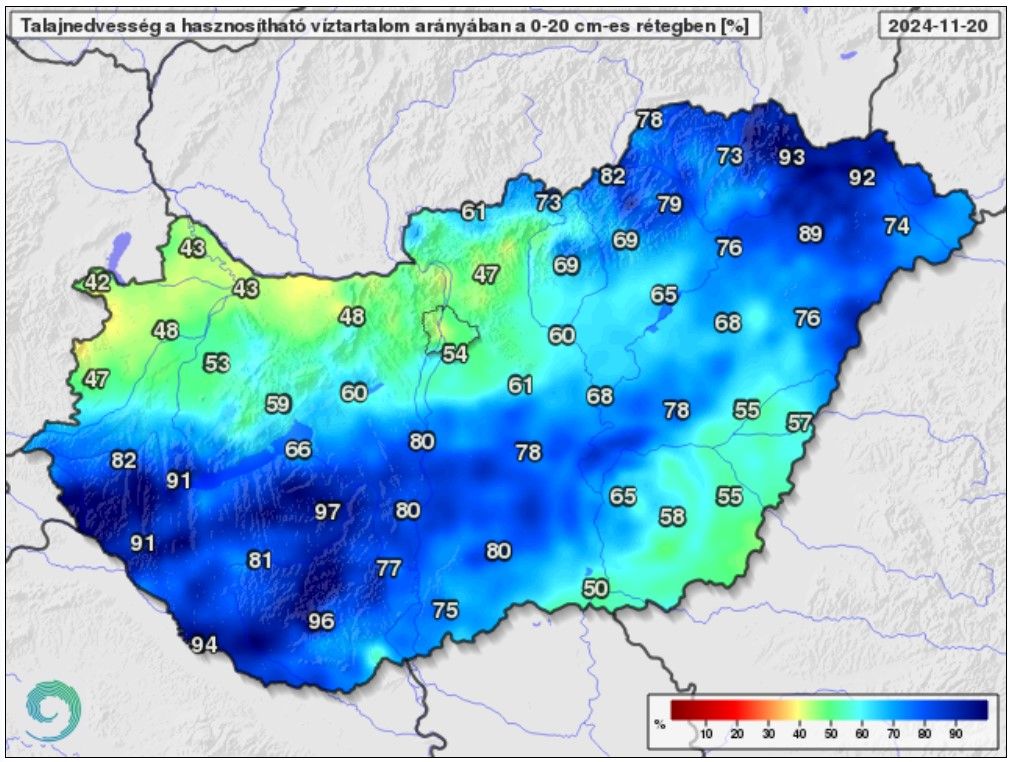 Talajnedvesség a talaj felső 20 centiméteres rétegében a növények számára hasznosítható vízmennyiség arányában 2024. november 20-án (%)