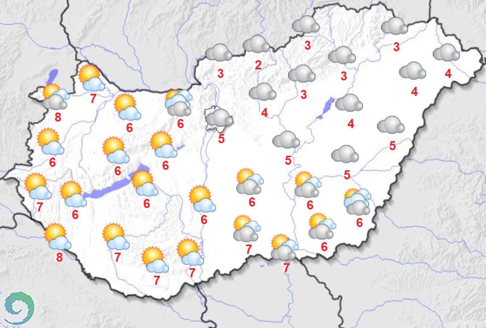 Maximumhőmérsékletek december 7-én Magyarországon