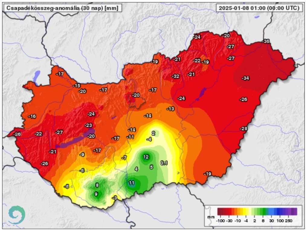 Csapadékösszeg-anomália_30 nap_250108