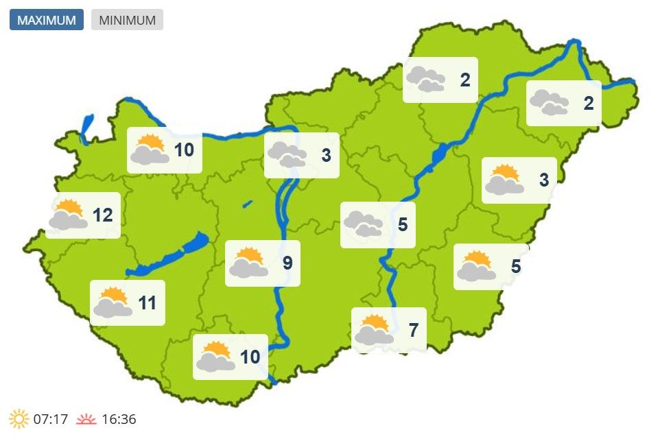 Maximumhőmérsékletek január 25-én Magyarországon