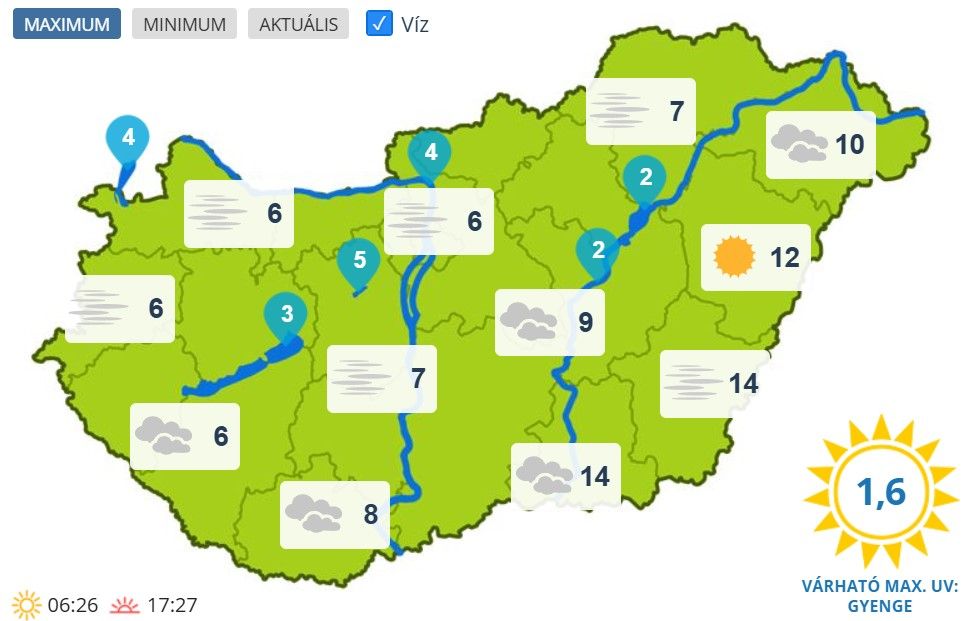 Maximumhőmérsékletek február 27-én Magyarországon