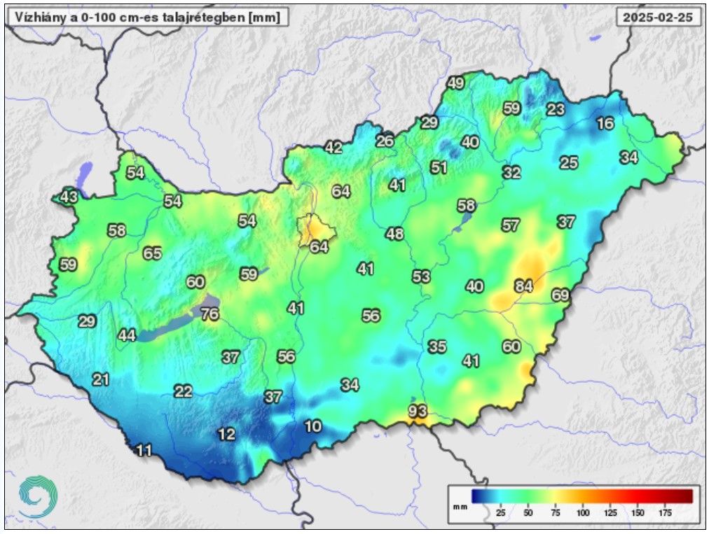Vízhiány a talaj felső egy méteres rétegében a telítettséghez képest 2025. február 25-én