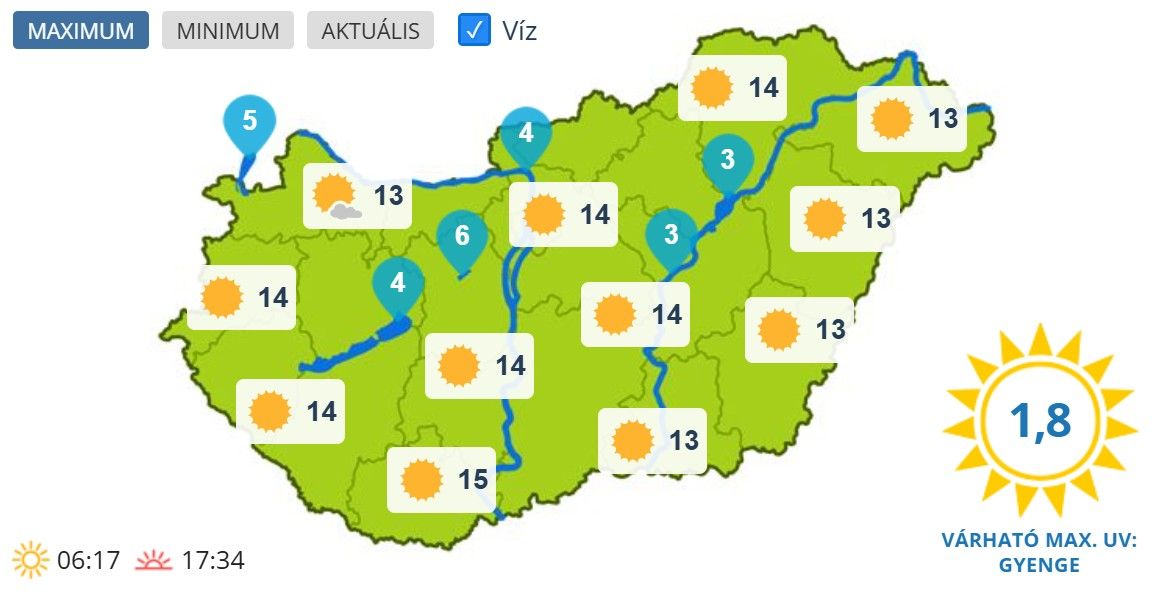 Maximumhőmérsékletek március 4-én Magyarországon