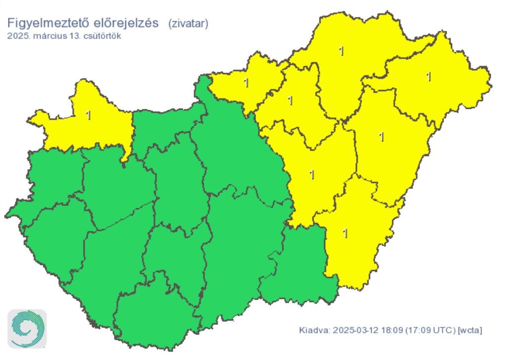 Zivatarra figyelmeztető előrejelzés március 13-án Magyarországon