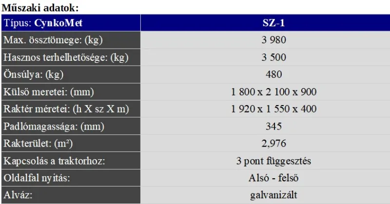 1 db CynkoMet SZ-1 3 pont felfüggesztésű szállító plató, galvanizált