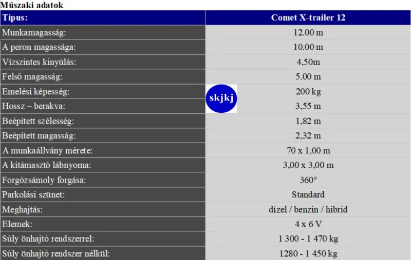 1 db Szerelőkosár utánfutóra épített Comet X-trailer 12- 14 m