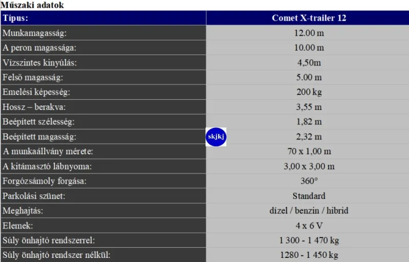 1 db Szerelőkosár utánfutóra épített Comet X-trailer 12- 14 m